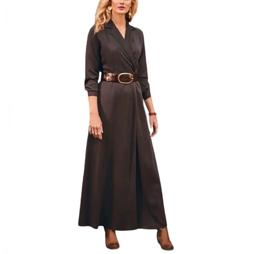 Soft Surroundings Quintessa Brown Pockets Long Sleeve Wrap Maxi Dress Petite S